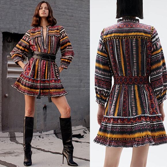 NWT Figue Claire V-Neck Ruffled Fit & Flare Ikabb Band Black Stripe Mini Dress - Picture 1 of 8